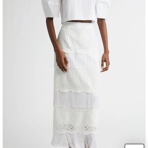Lela Rose White Lace Fringe-Trim Pencil Skirt